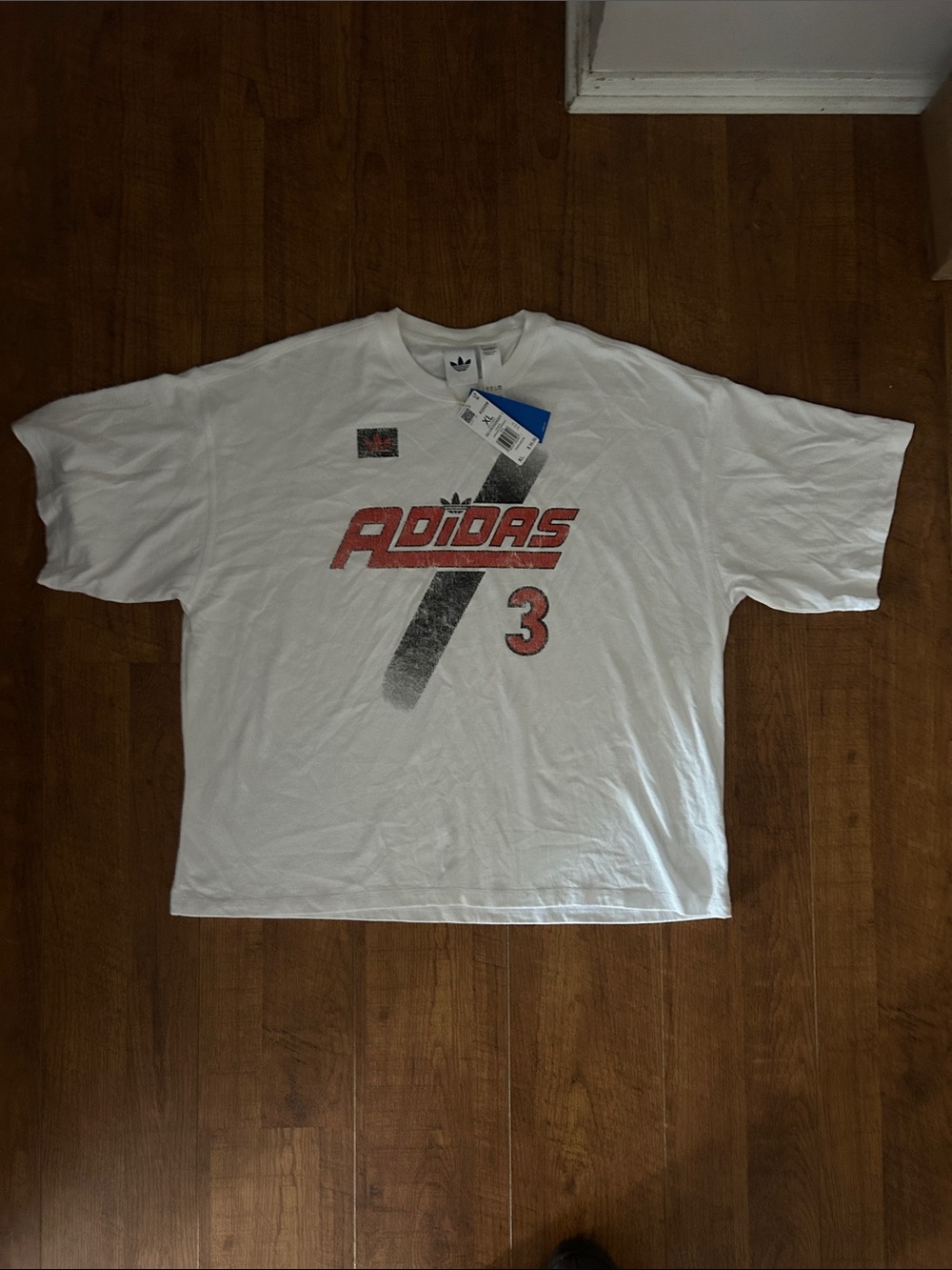adidas White Short Sleeve Tee with Red and Black Graphic. NWT